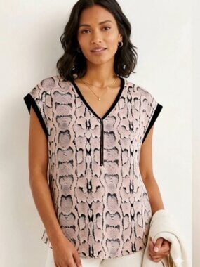 FYLO Women's V Zip Neckline Short Sleeve Blouse Size S